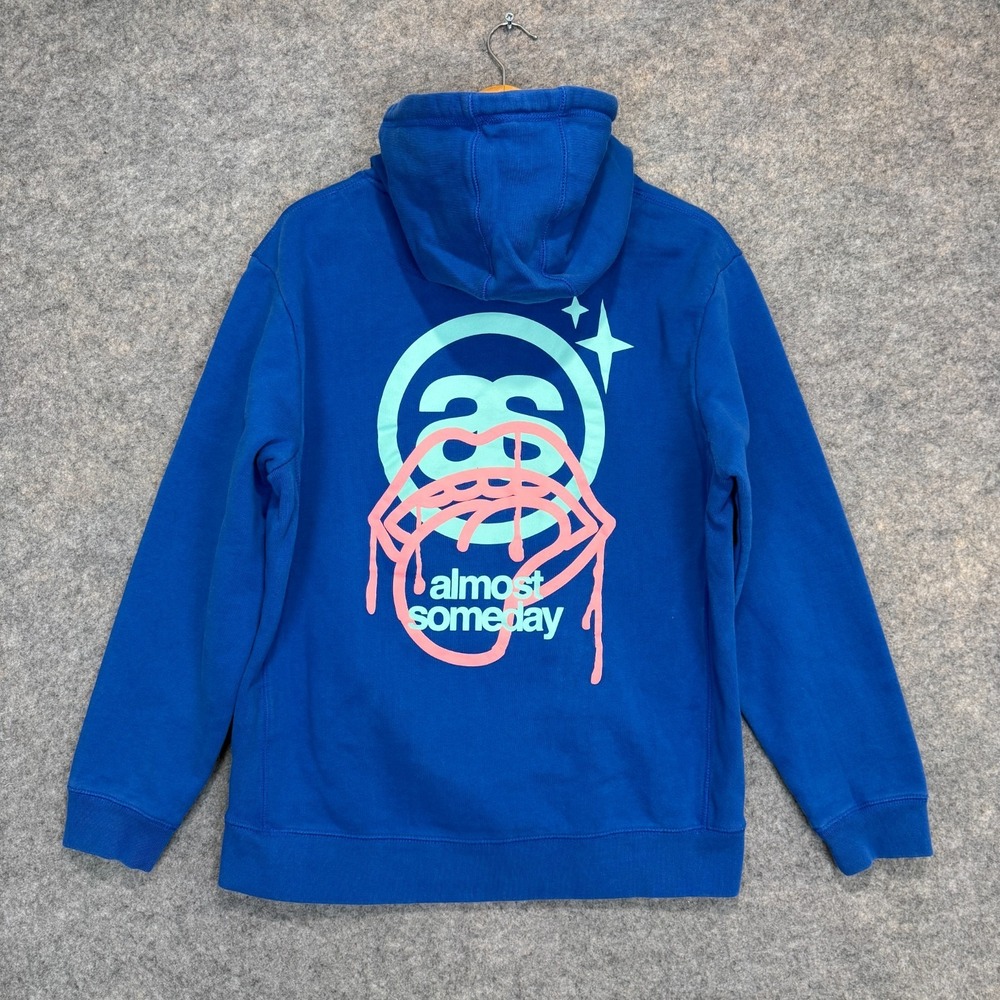 Almost Someday Hoodie Sweatshirt Mens Large Graphic Lips Tongue Blue Hooded AS